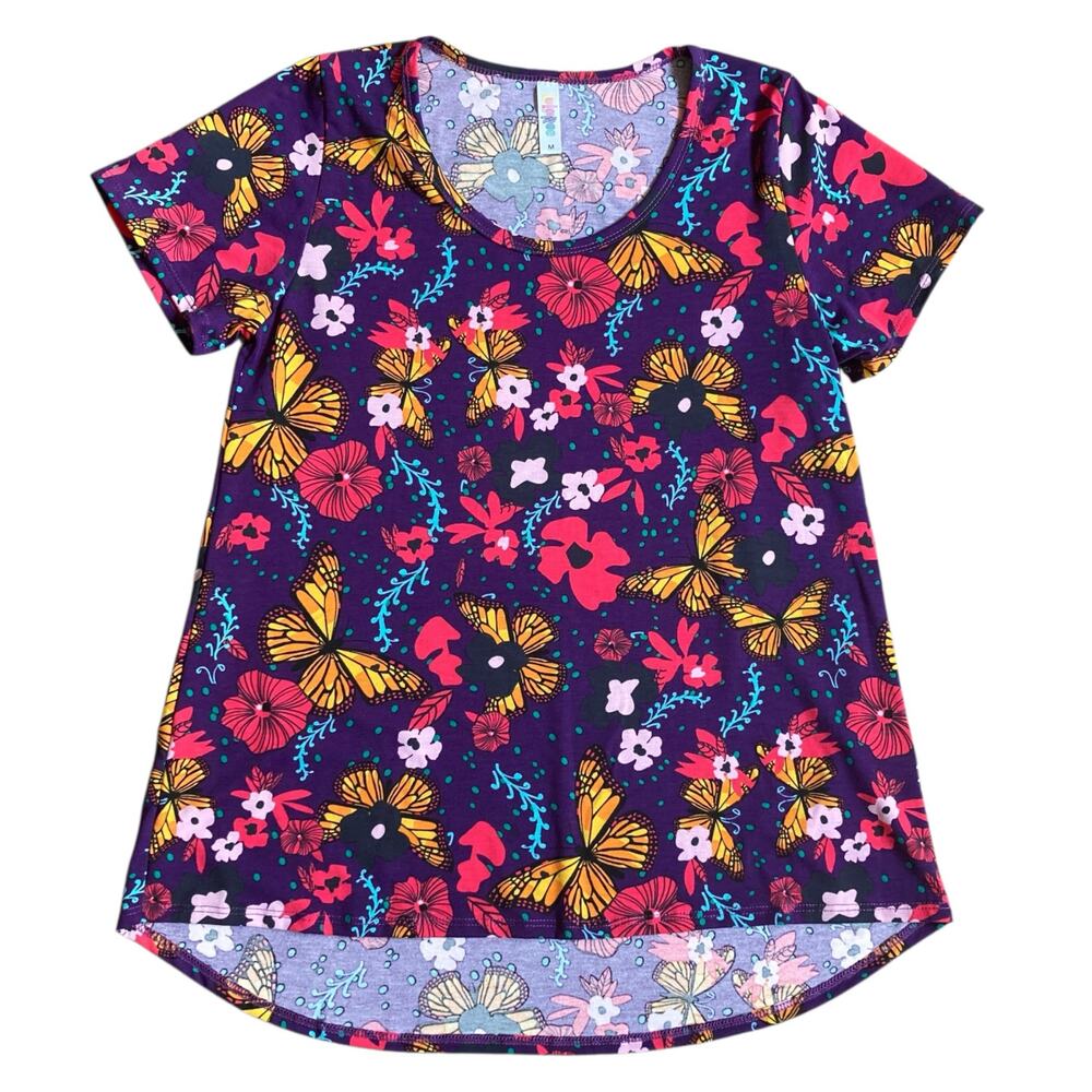 LuLaRoe Classic T M Medium purple pink floral garden girl butterfly shirt top